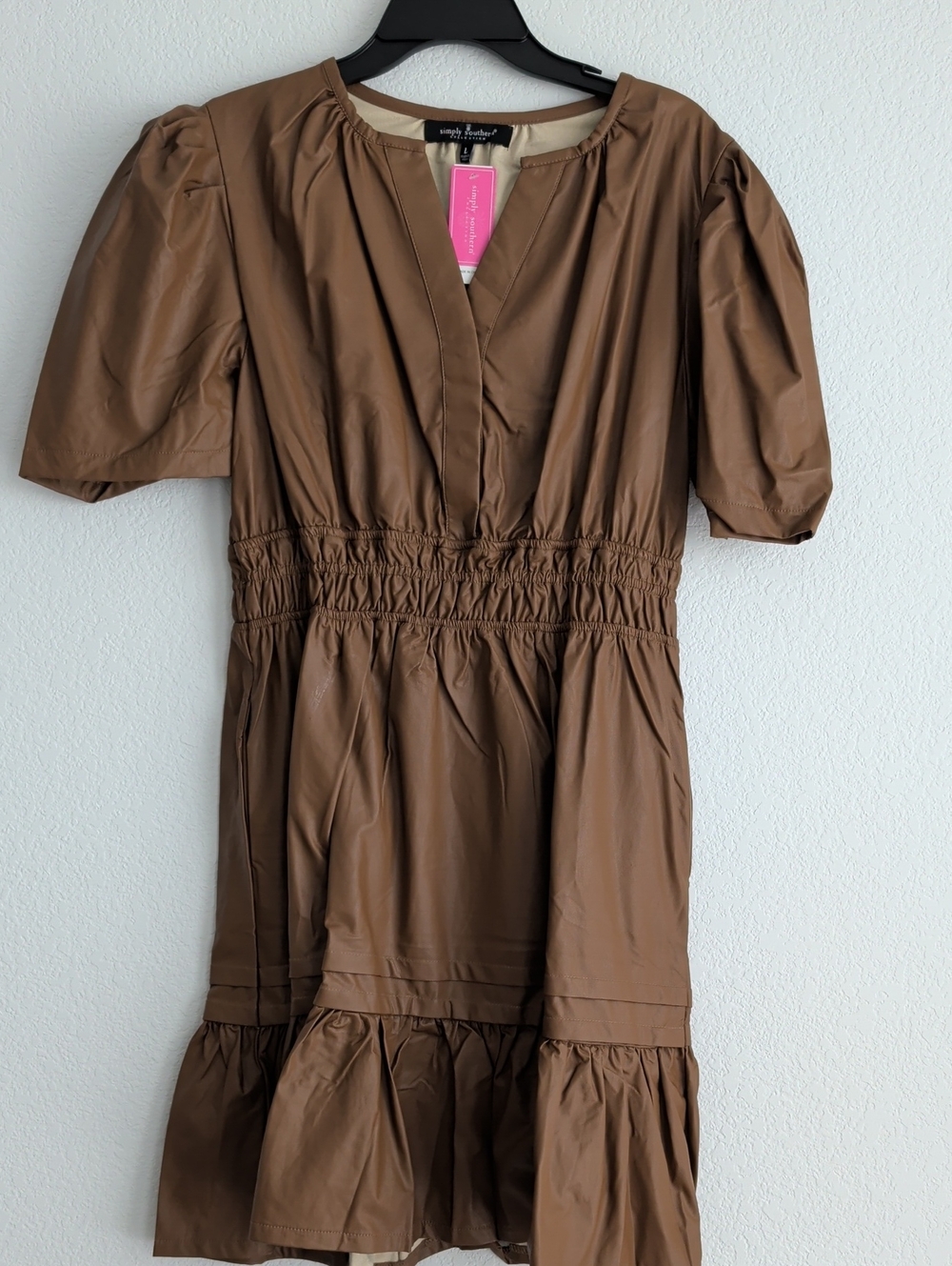 Simply Southern Brown Puff-Sleeve Faux-Leather Dress Jacket